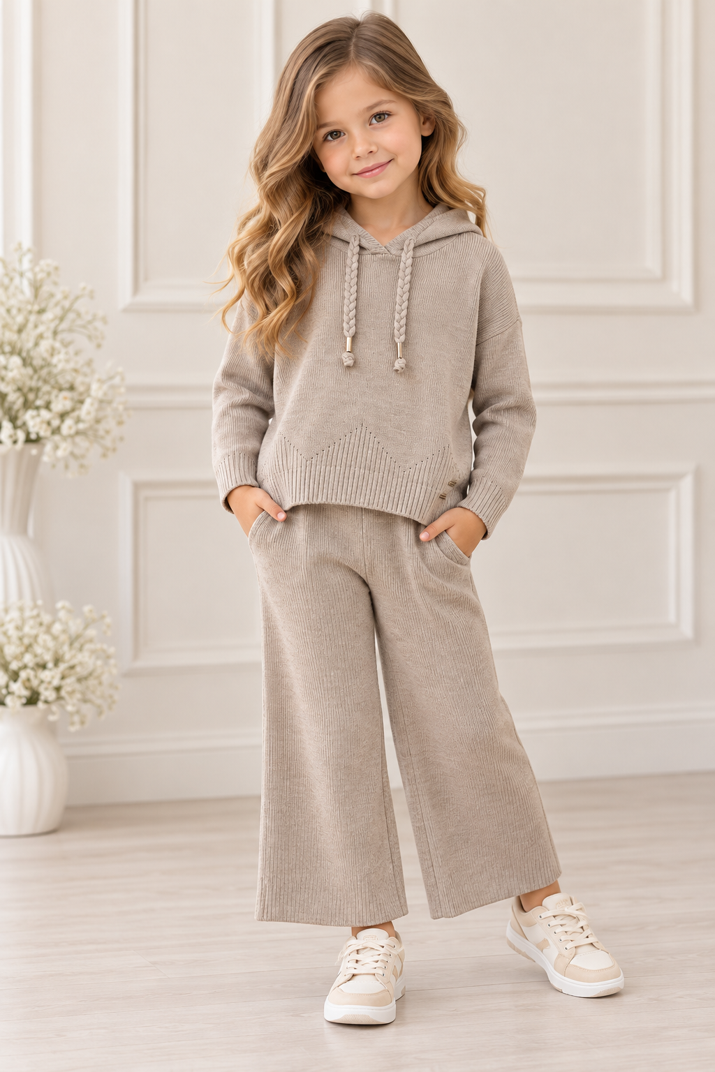 Oatmeal Knit Hoodie & Wide-Leg Pants Set