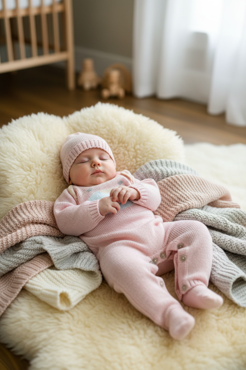 Pink Knit Baby Romper & Hat Set with Baby Bear Motif