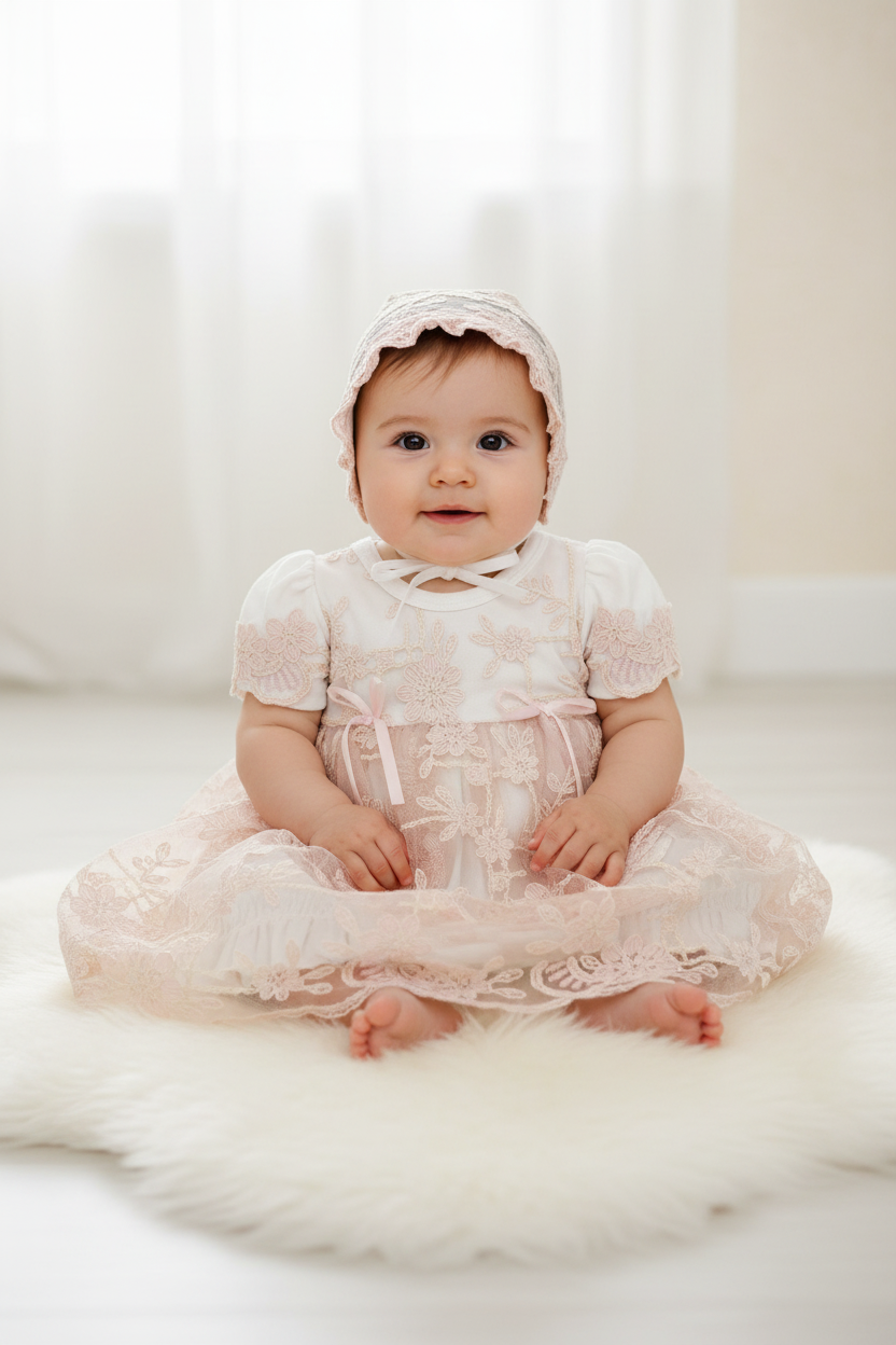 Pink Lace Dress & Bonnet Set