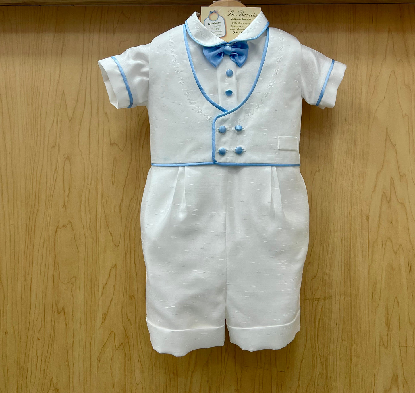 Blue William-White shantung shorts baptism suit