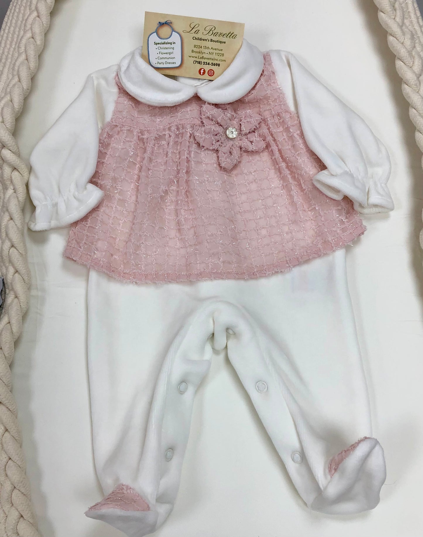 Pink and white velour baby girls fancy pants set.