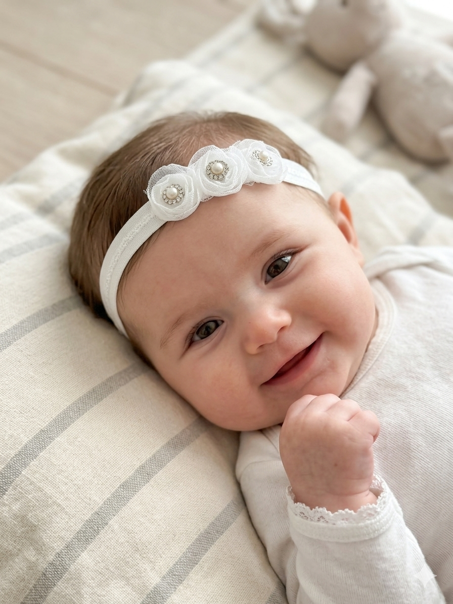 Baby Triple Flower Headband with Pearl & Crystal Centers