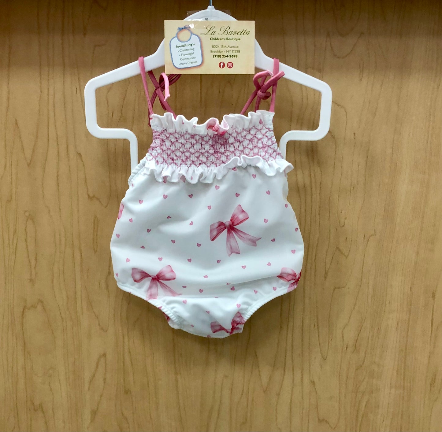Pink Heart Smocked with Bows Baby Girls Bathing suit