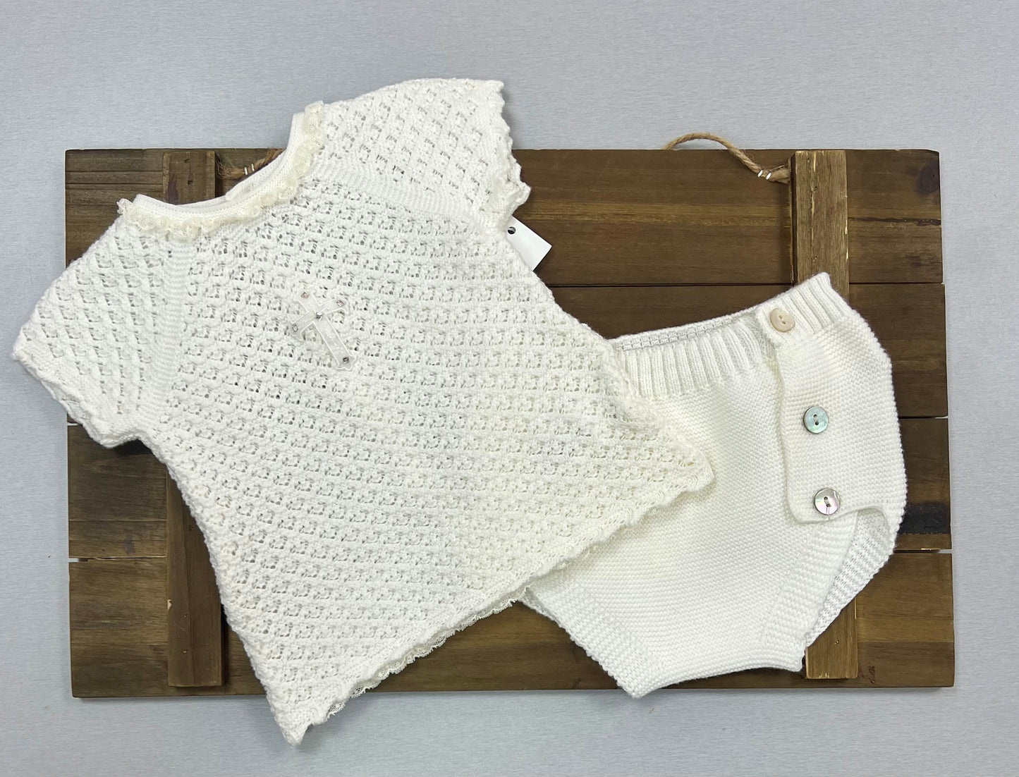 After christening changing Diamond white knit set