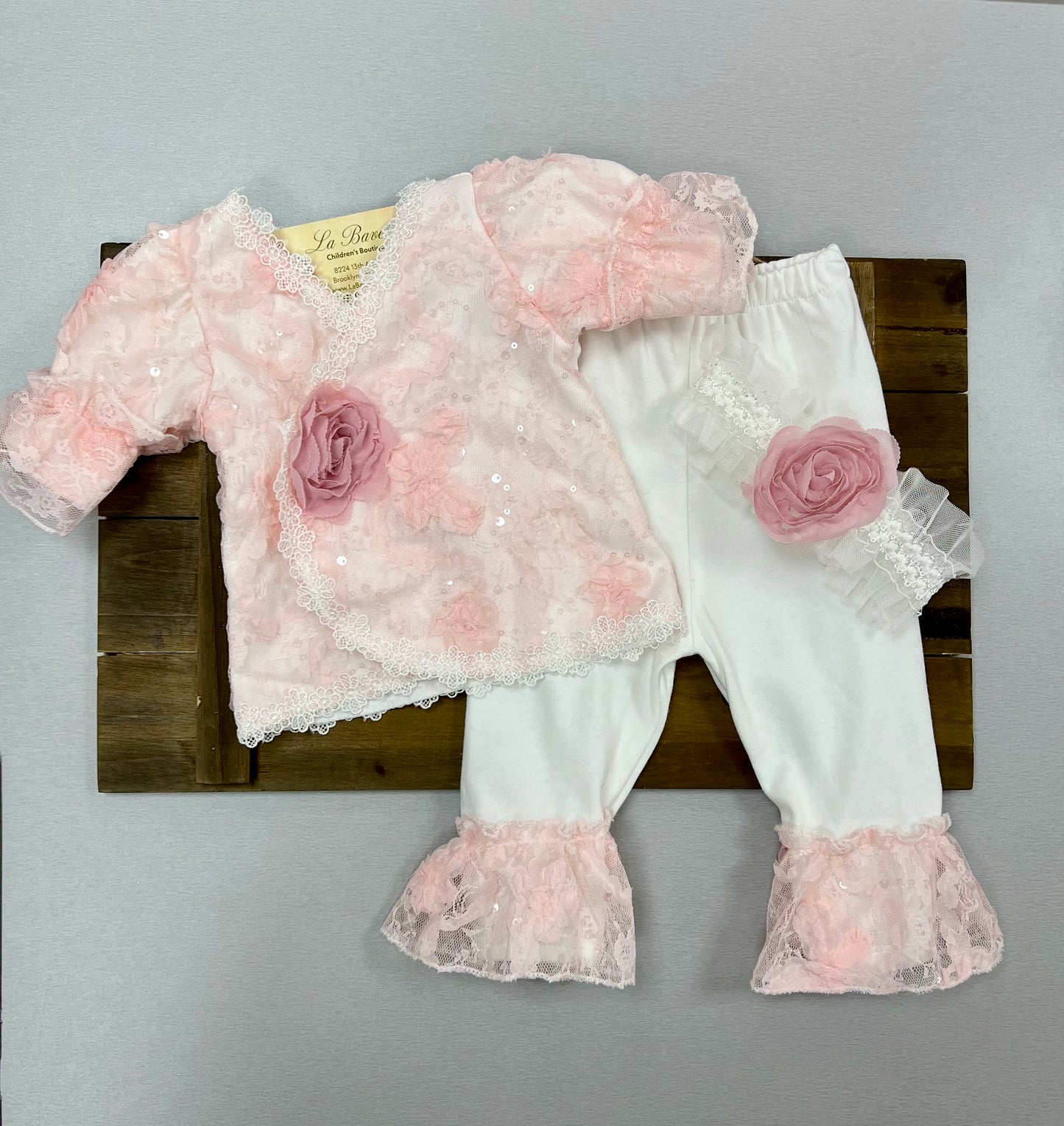 2pc Baby Girls pink & white lace pants set 3846-1