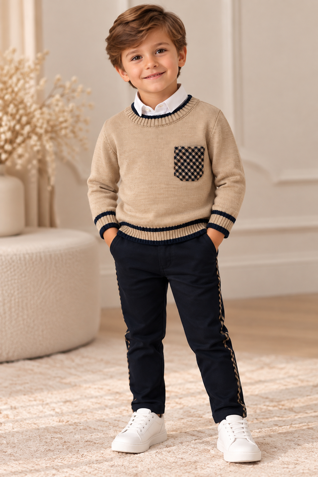 Boys’ Beige Check-Pocket Sweater Three-Piece Outfit