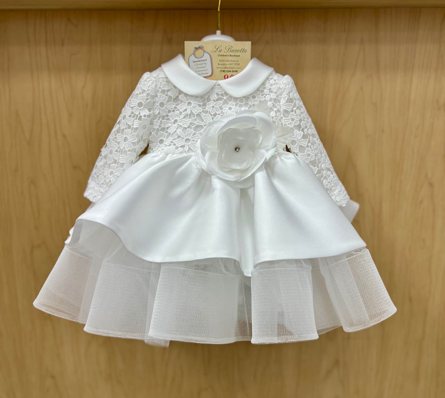 Short white Micado Lace Top Christening Dress
