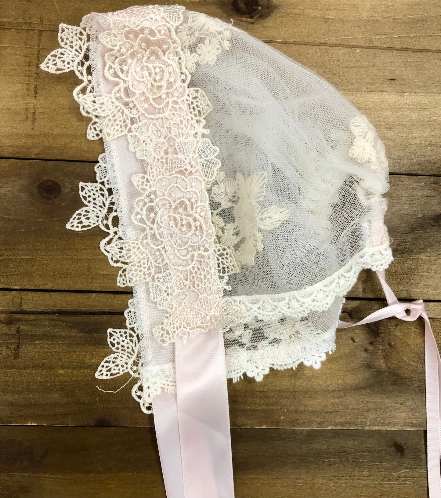 Elegant Ivory Lace Dress/Romper With Pink Details and matching Bonnet