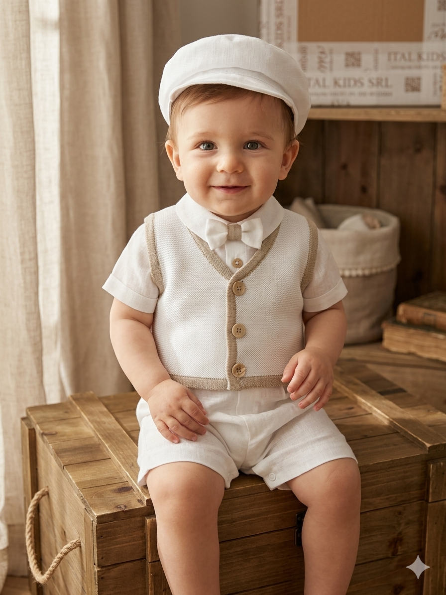 Baby Boy Christening 4-Piece Linen Set with Newsboy Cap