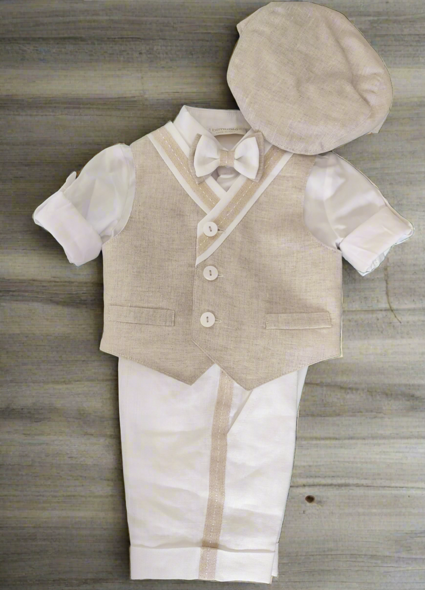Bimbalo Boys 4 Piece Beige Linen Shorts and Vest Outfit with Cap 6083