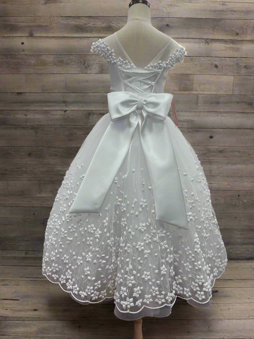 Michelina Bimbi
Made in Italy Communion Dress with Embroidered Floral Skirt and Ruched Belt J4015AM