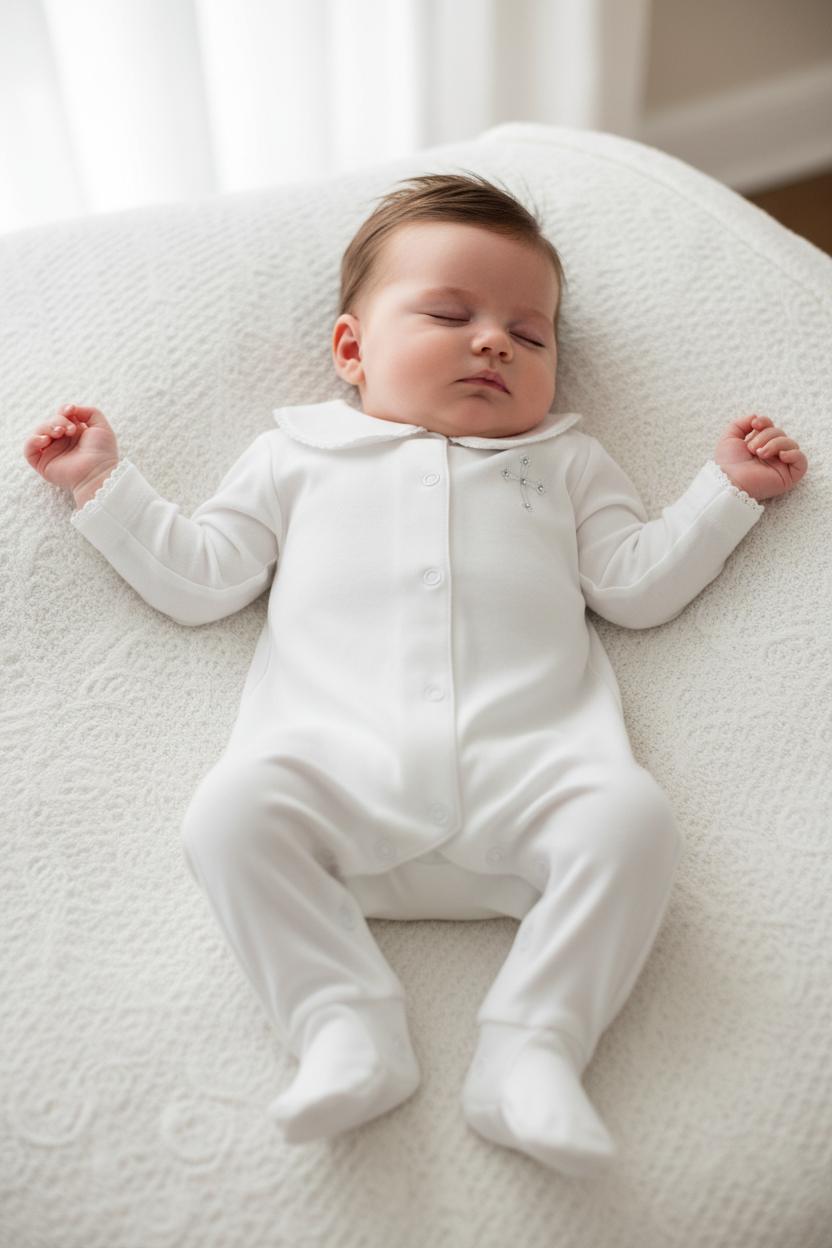 White Christening Romper with Scalloped Collar