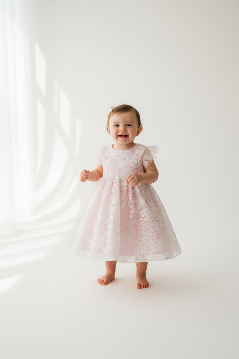 Girls Pink Rose Lace Dress with Tulle Flutter Sleeves