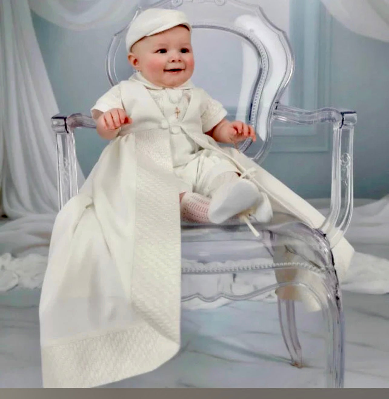 Dolce Bambini cathedral length boys christening / baptism gown with removable coat