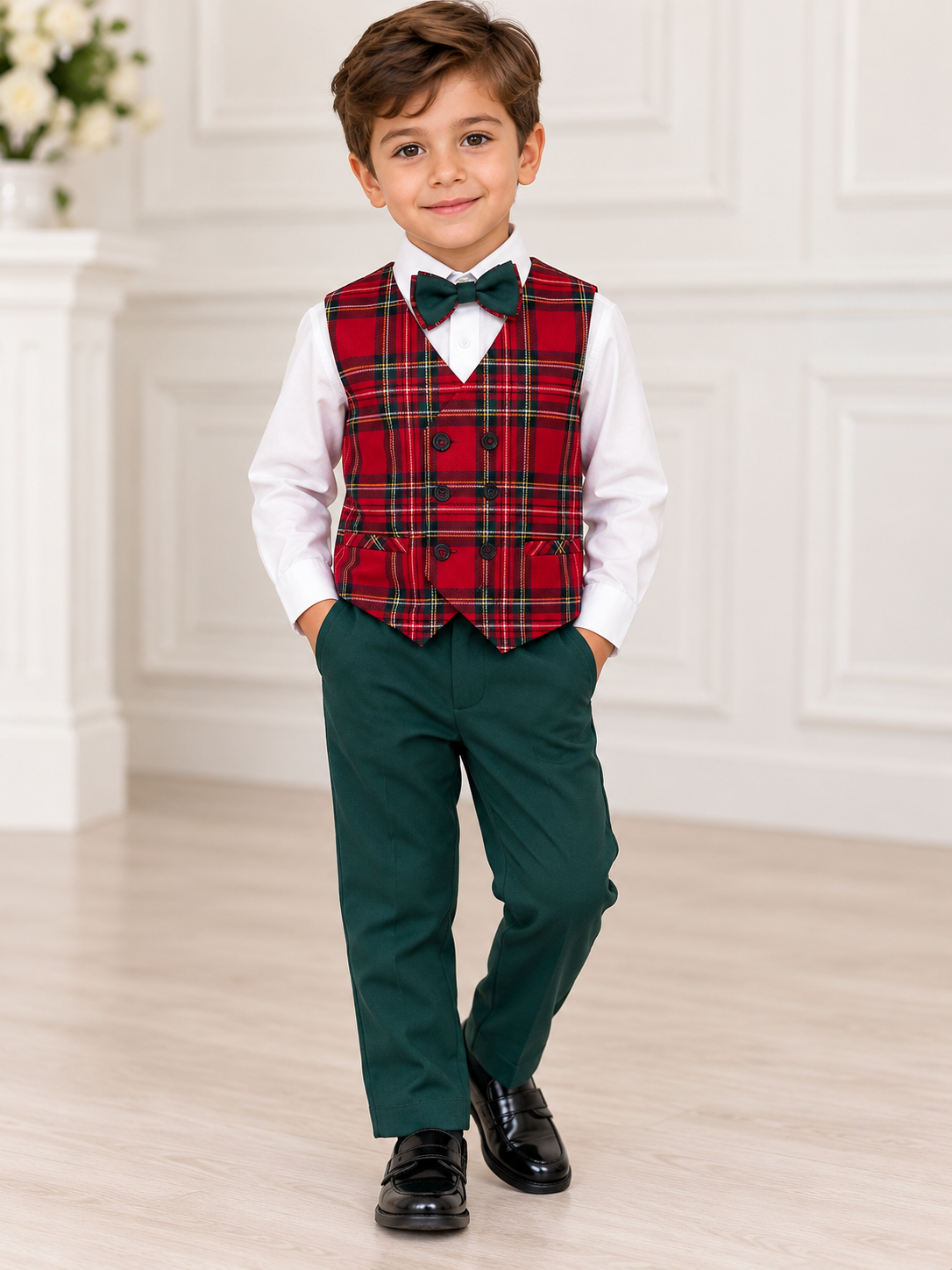 Boys’ Red Plaid Vest and Dark Green Pants Formal Look
