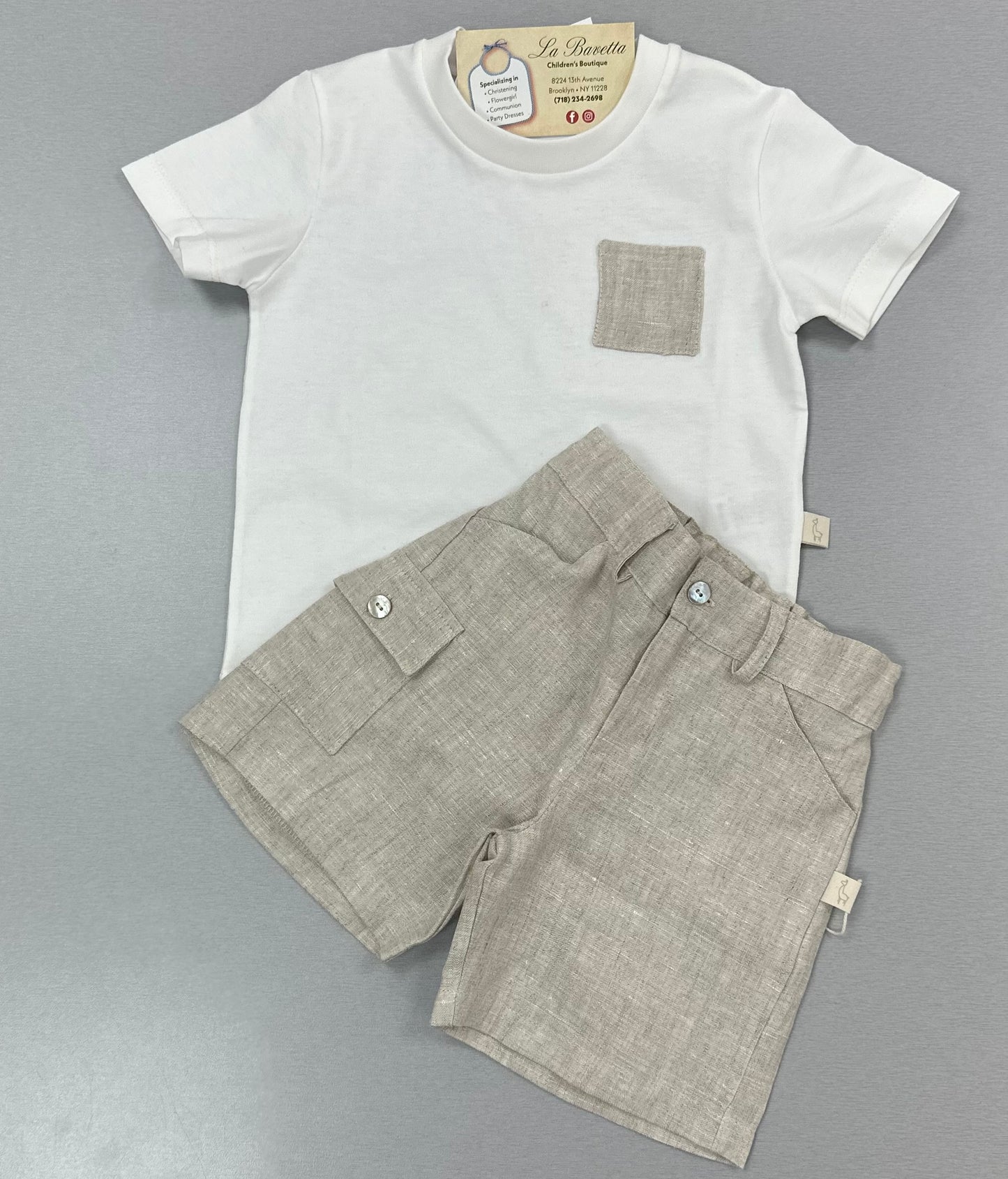 2pc Tan & white boys linen shorts set FR83B