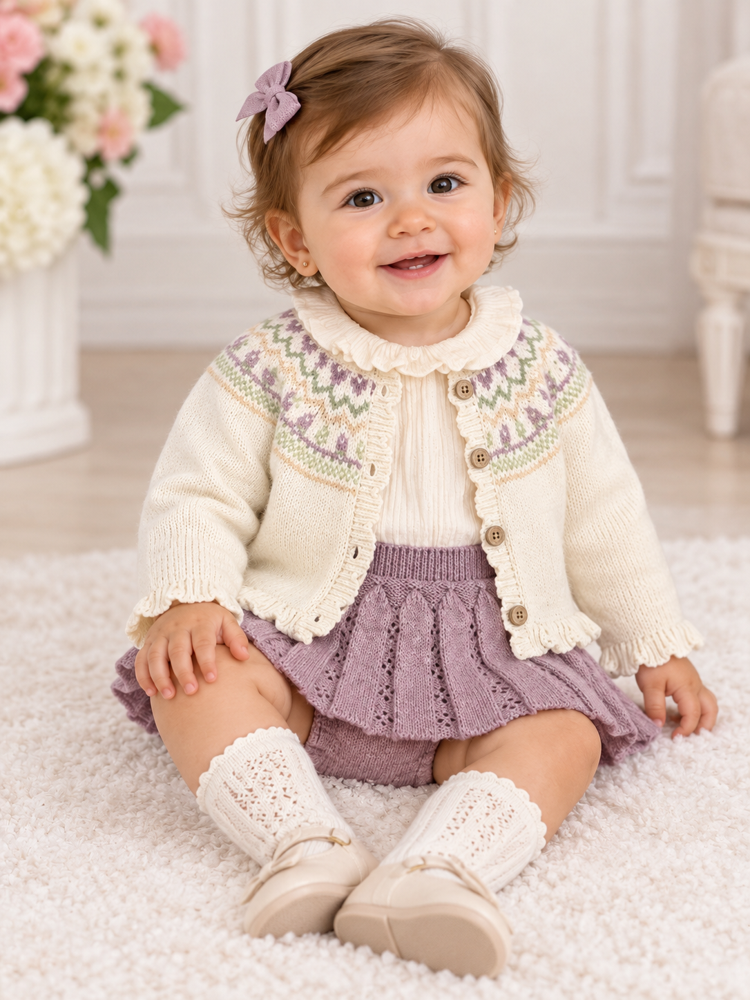 Baby girl wearing a cream knit cardigan with a pastel Fair Isle yoke, ruffled collar, scalloped trim, and buttons, styled with a lilac skirt