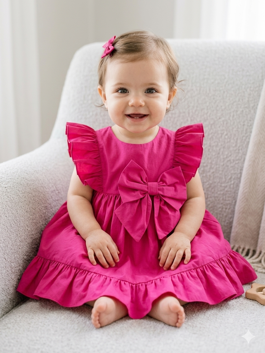 Hot Pink Ruffle Bow Baby Dress Made In Italy