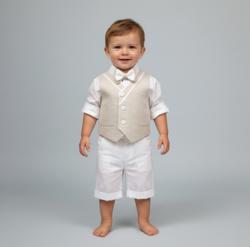 Bimbalo Boys 4 Piece Beige Linen Shorts and Vest Outfit Made In Italy