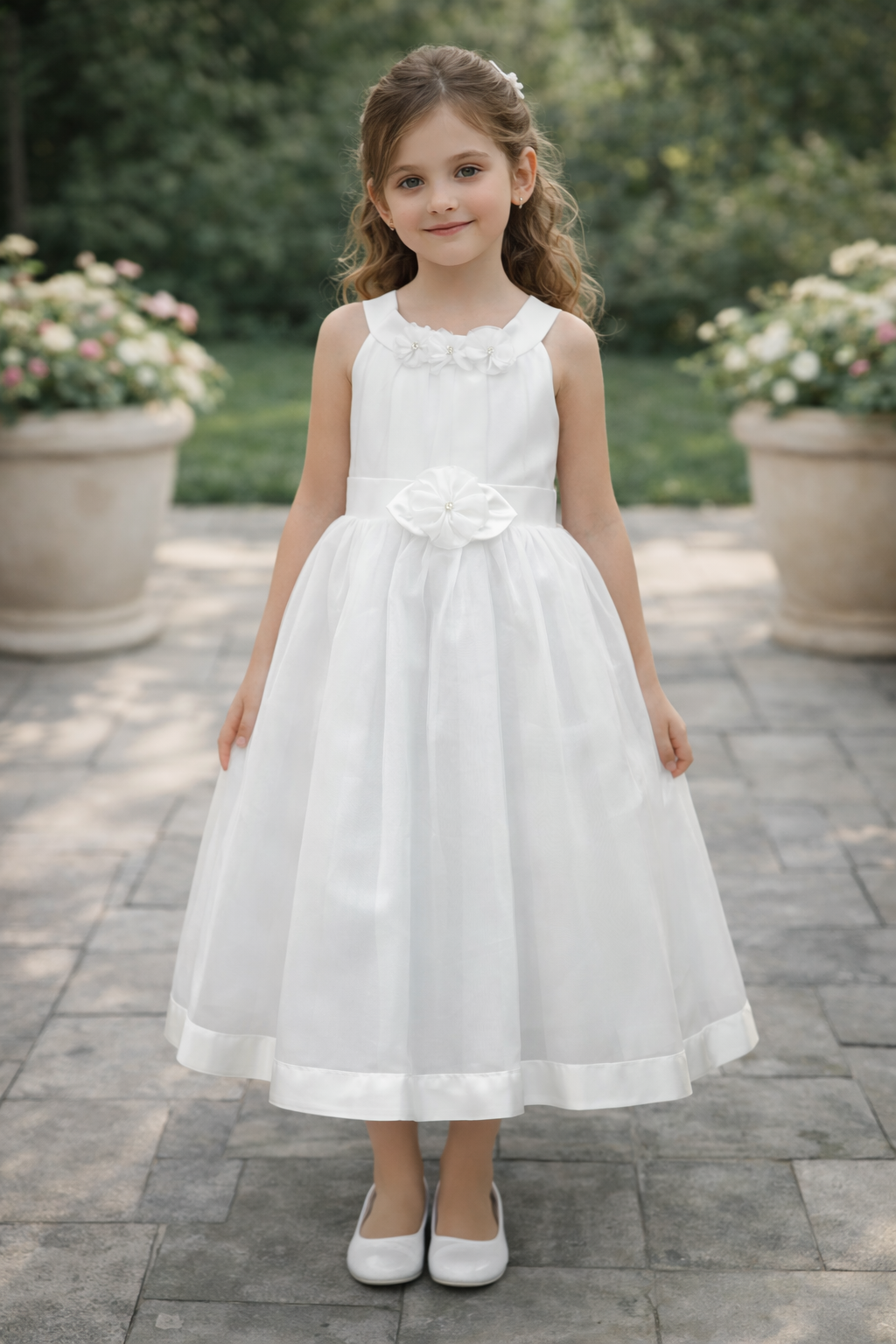 White Halter Dress with Bow Detail - Tea Length Communion Dress