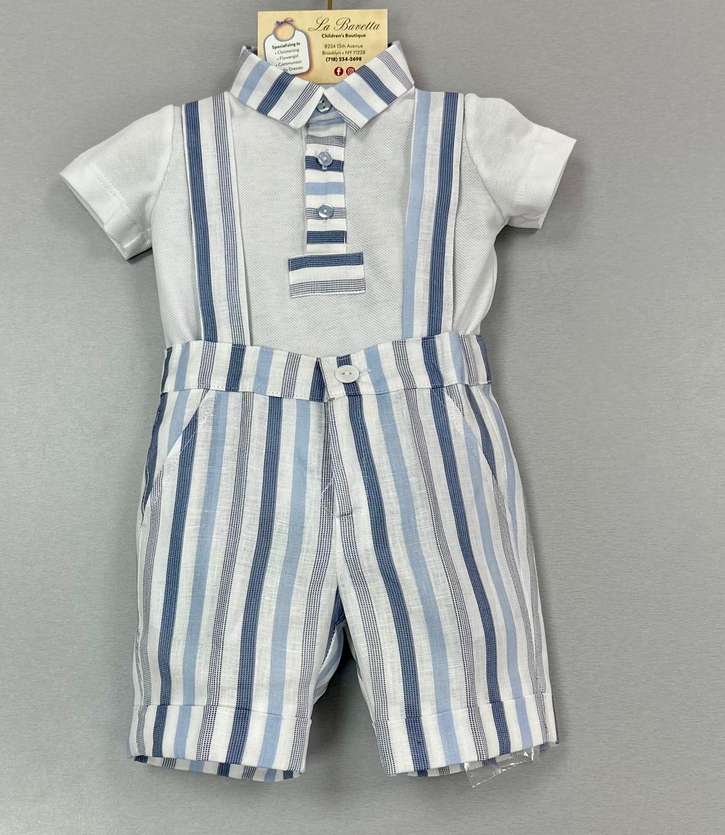 Striped Blue and White linen/cotton overall shorts set Bimbalo 7243