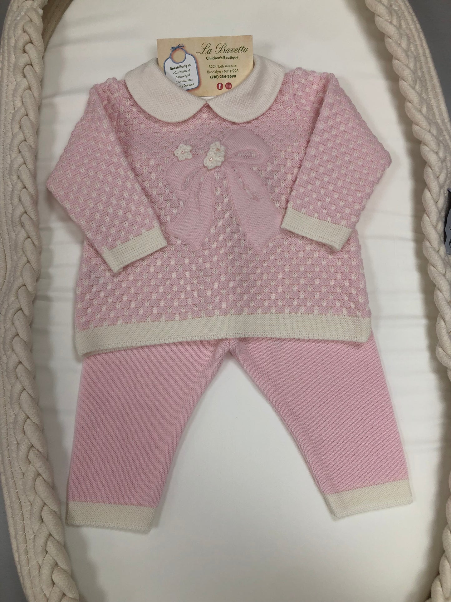 Baby Girls Pink & Ivory 2pc knit pants set Made in Italy