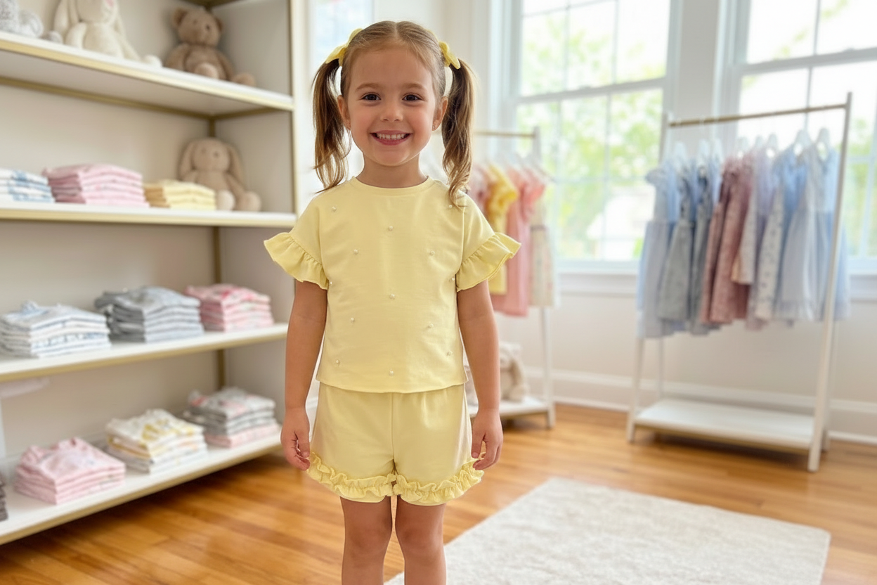Girls Yellow Pearl Ruffle Top & Shorts Set Made In Italy