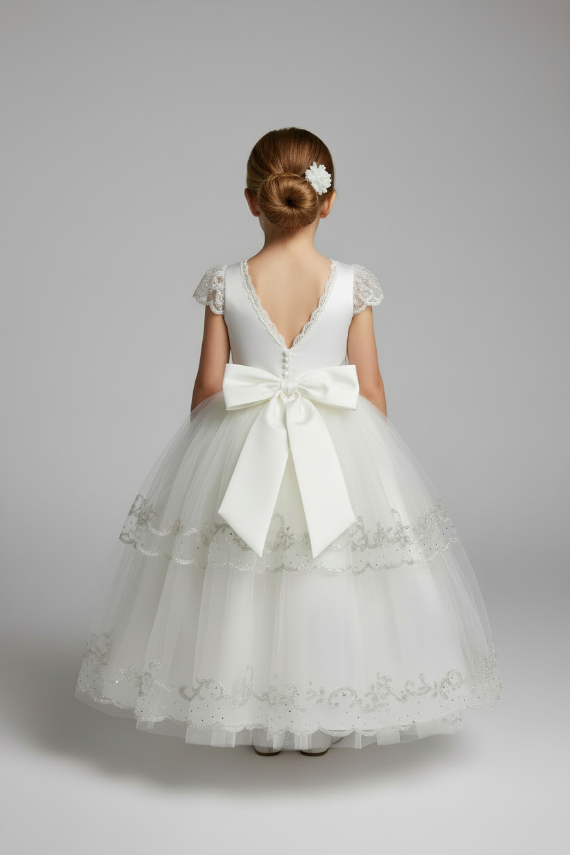 Elegant Diamond White communion Dress with Satin Bow Elenor