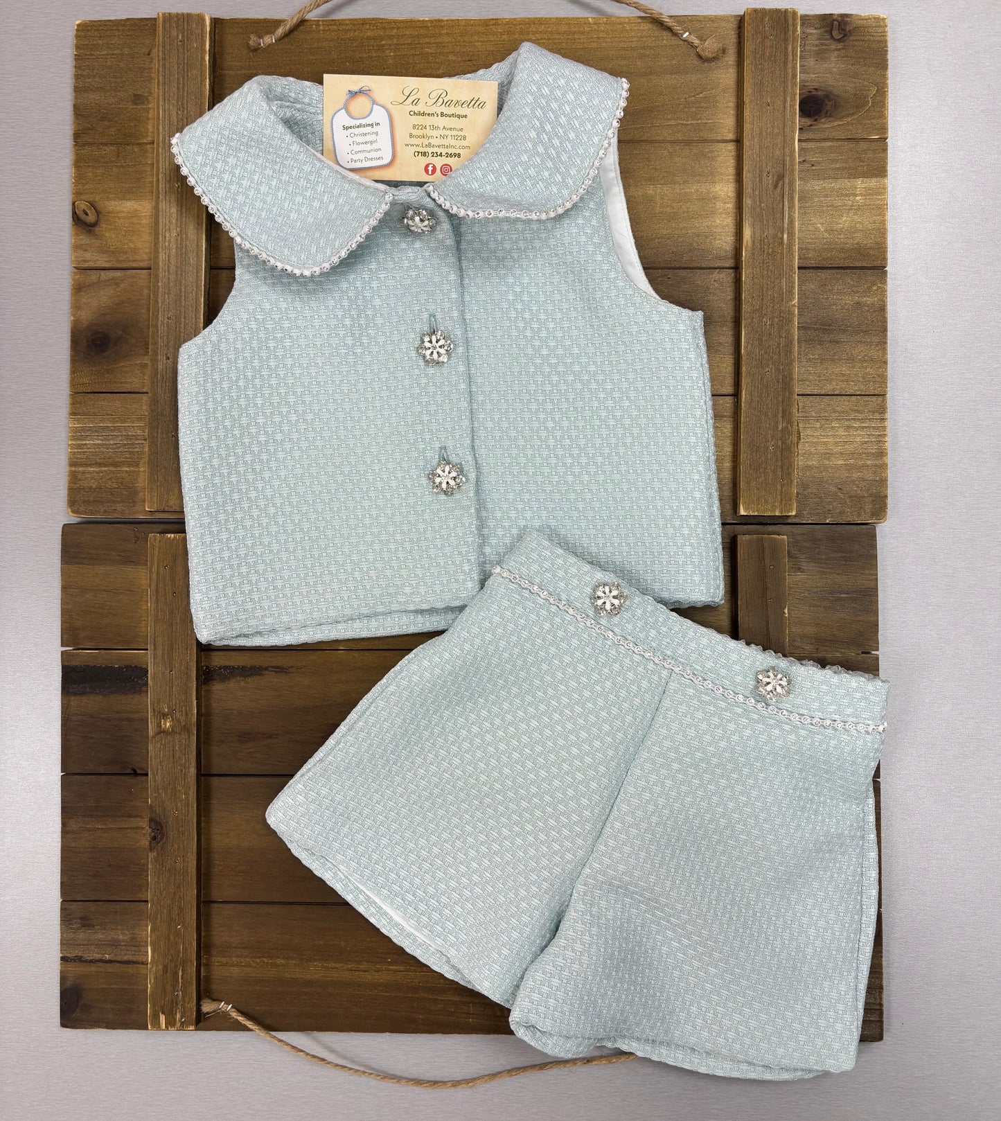 Light Blue Tweed Two-Piece Set – Vest & Shorts with Pearl & Crystal Details