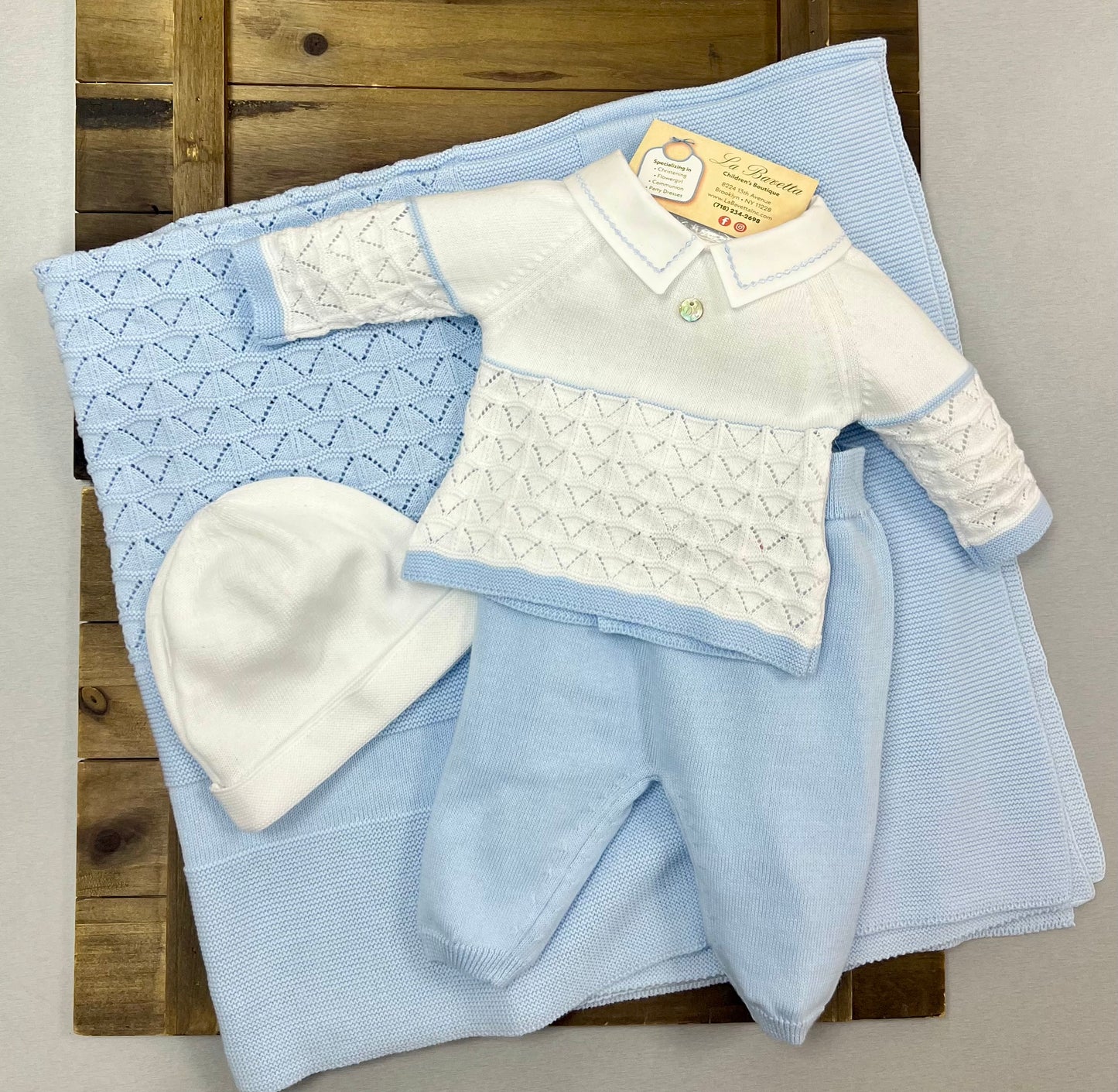 Blue & white knit boys take me home set