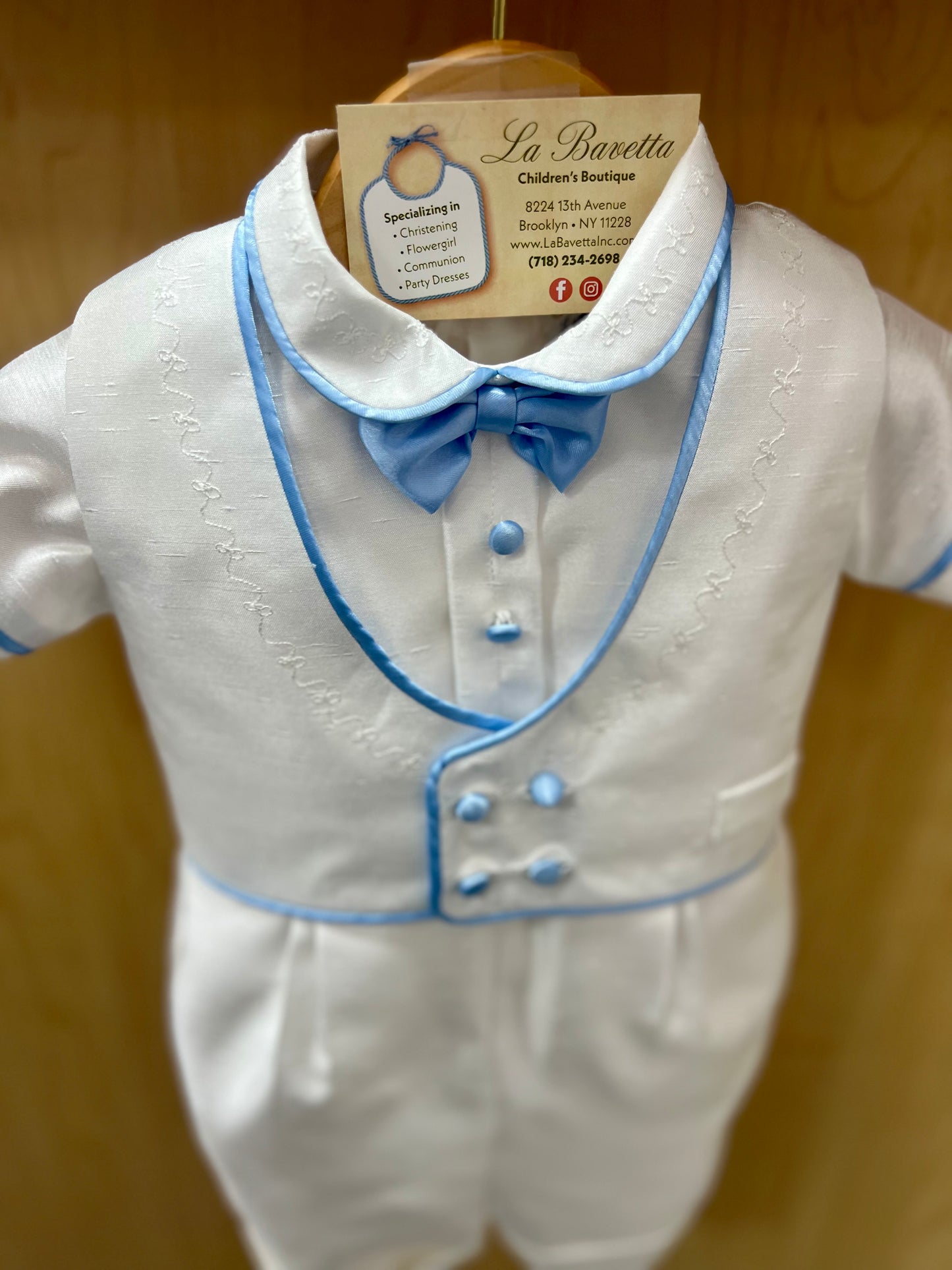 Blue William-White shantung shorts baptism suit