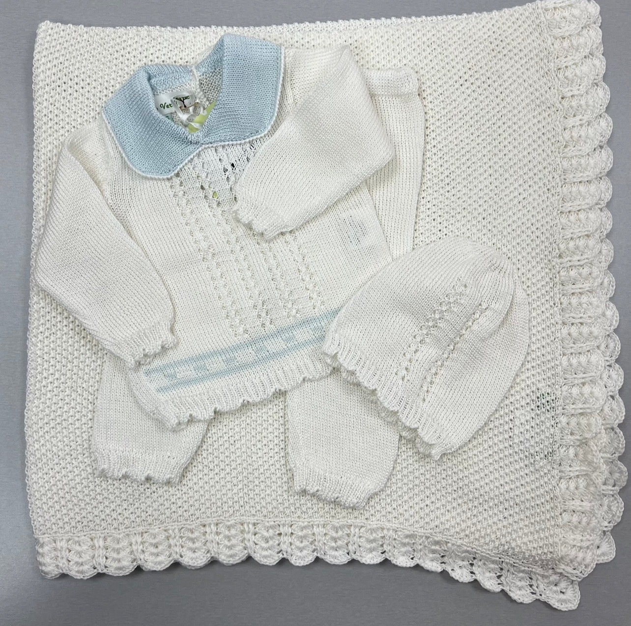 Baby Knit Layette Set with Blanket — White & Blue