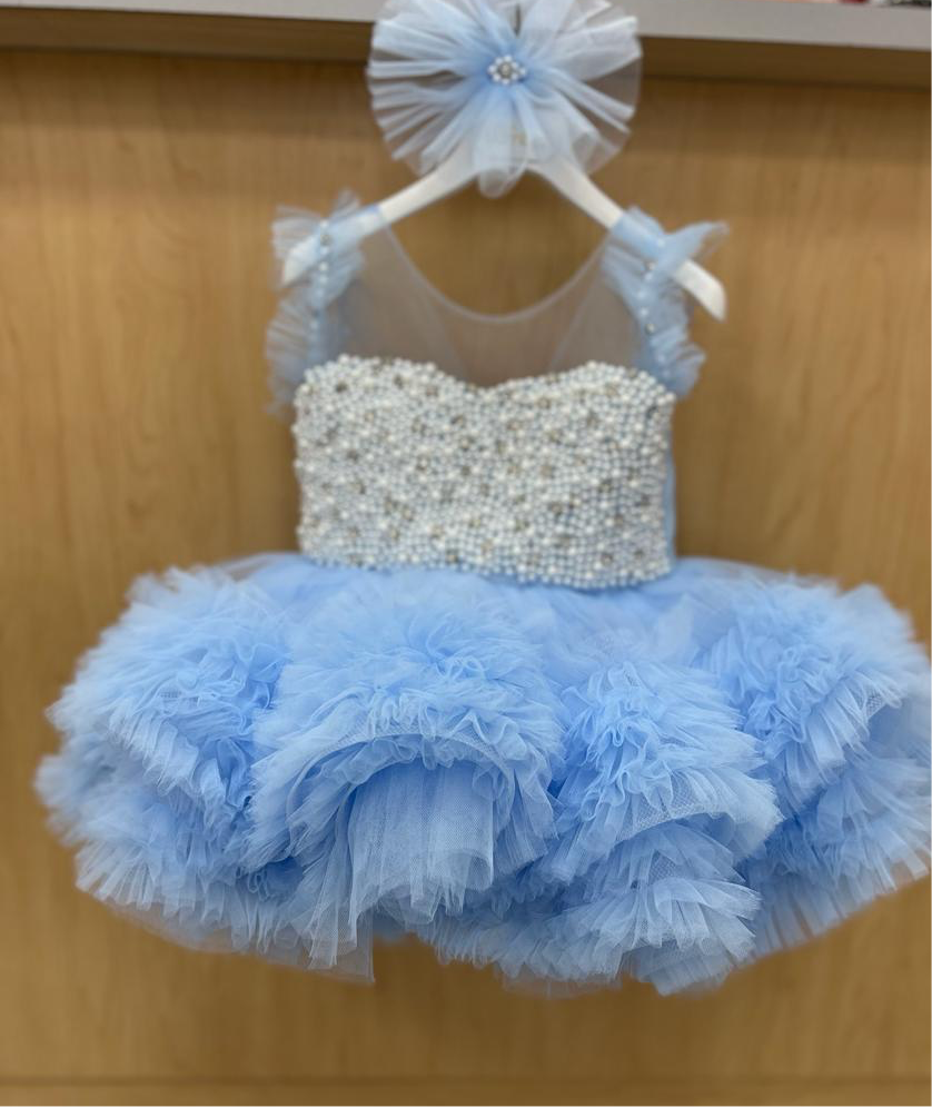 Pearl & ruffled blue Dress