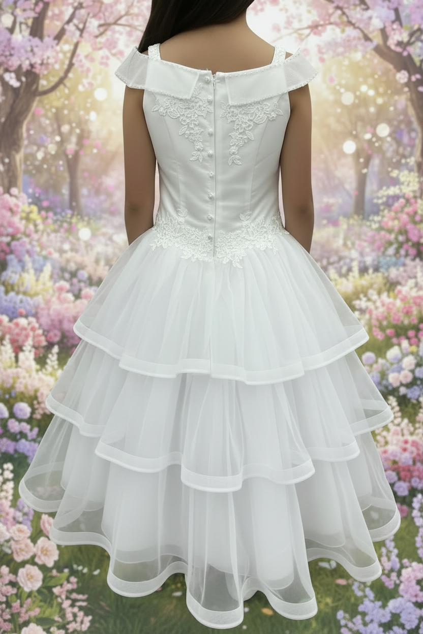 White Tiered Organza Flower Girl Dress with Lace & Pearl Embellishments
