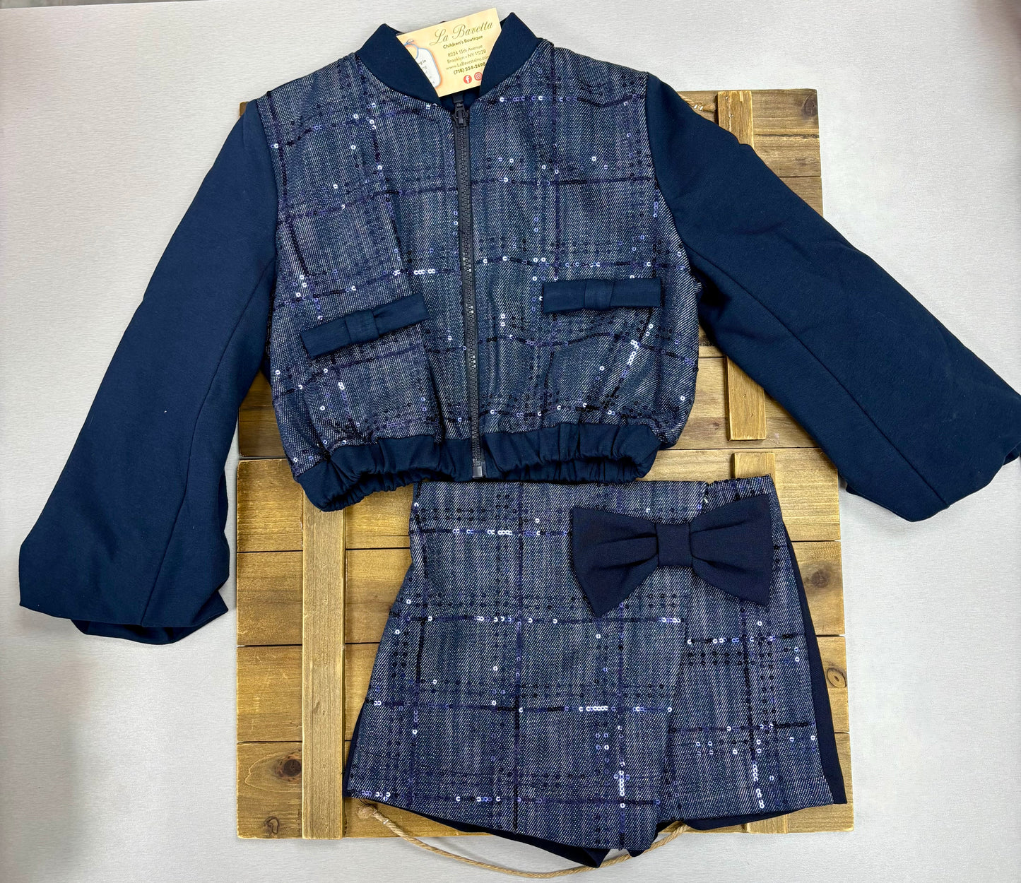Girls Navy Blue Sequin Tweed Jacket & Skort Set