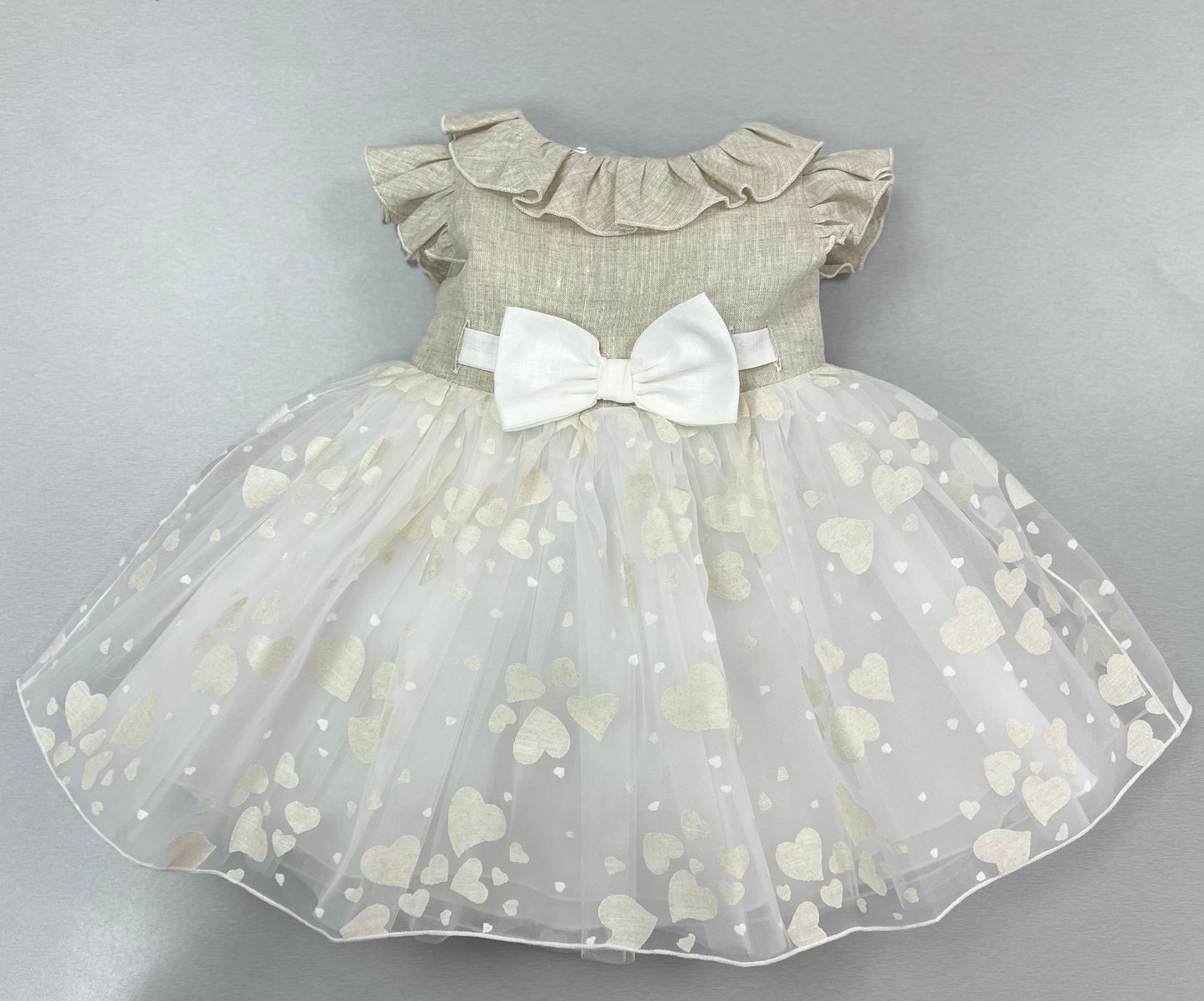 Bimbalo Beige Linen and Tulle Heart Dress made in Italy