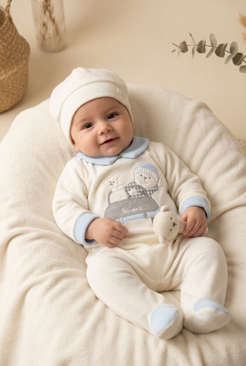 Ivory & Blue Teddy Bear Car Baby Outfit Take Me Home Set Made In Italy