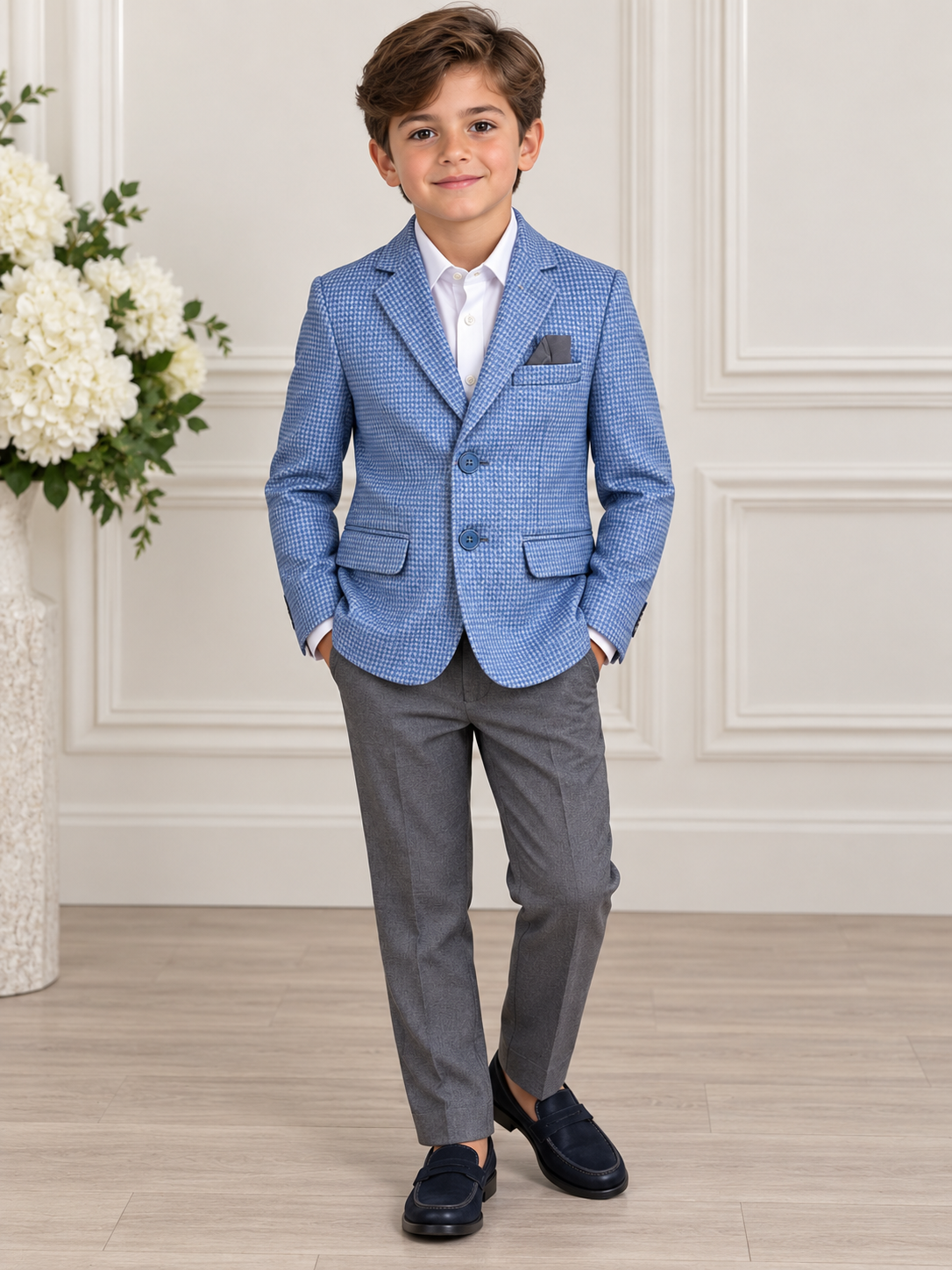 Leo and Zachary Boys Blue Houndstooth Blazer Outfit Set