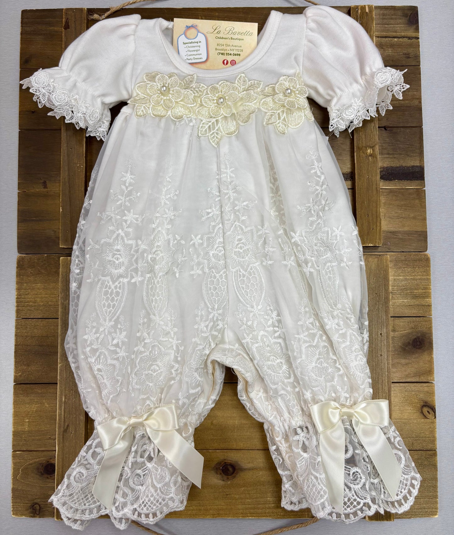 Beth Ivory Lace Christening Romper Set with Headband