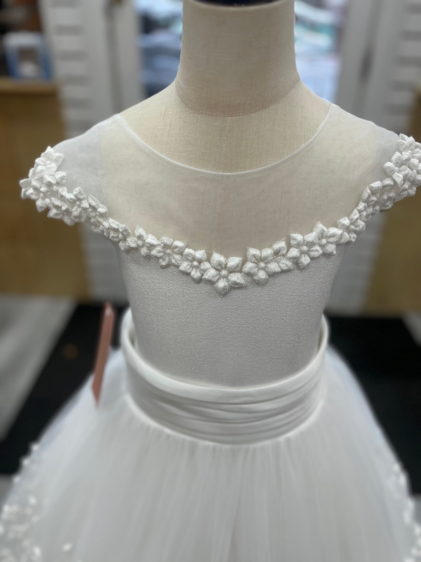 Michelina Bimbi
Made in Italy Communion Dress with Embroidered Floral Skirt and Ruched Belt J4015AM