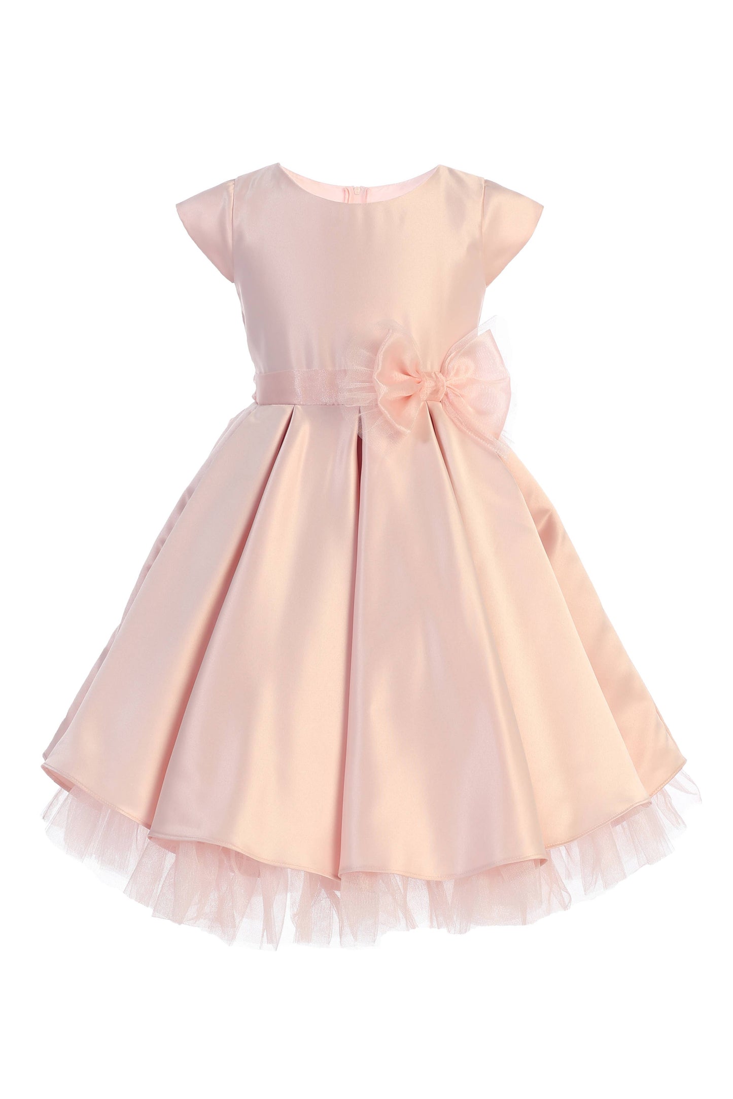Pleated satin & peek a boo tulle dress with bow: Petal Pink