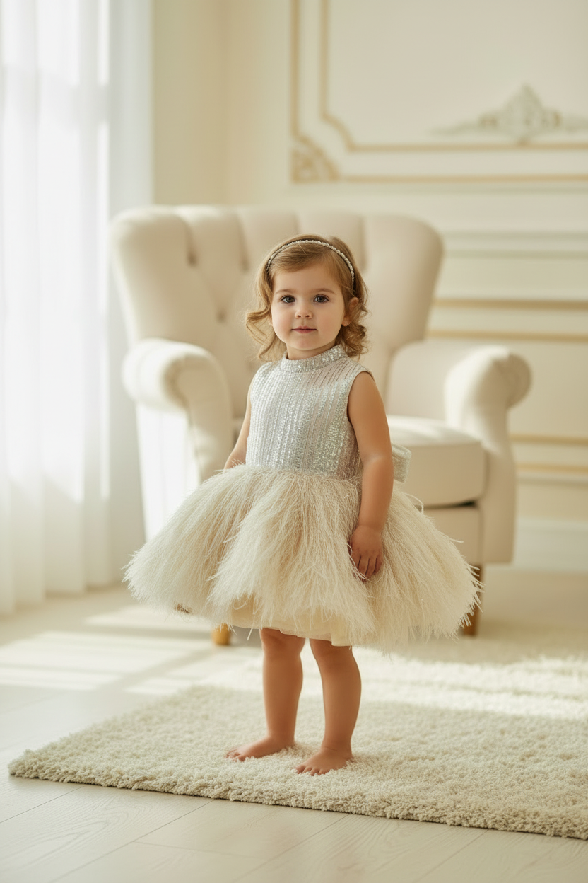 Champagne Feather Couture Baby Dress – Sequin Bodice & Ostrich Feather Skirt