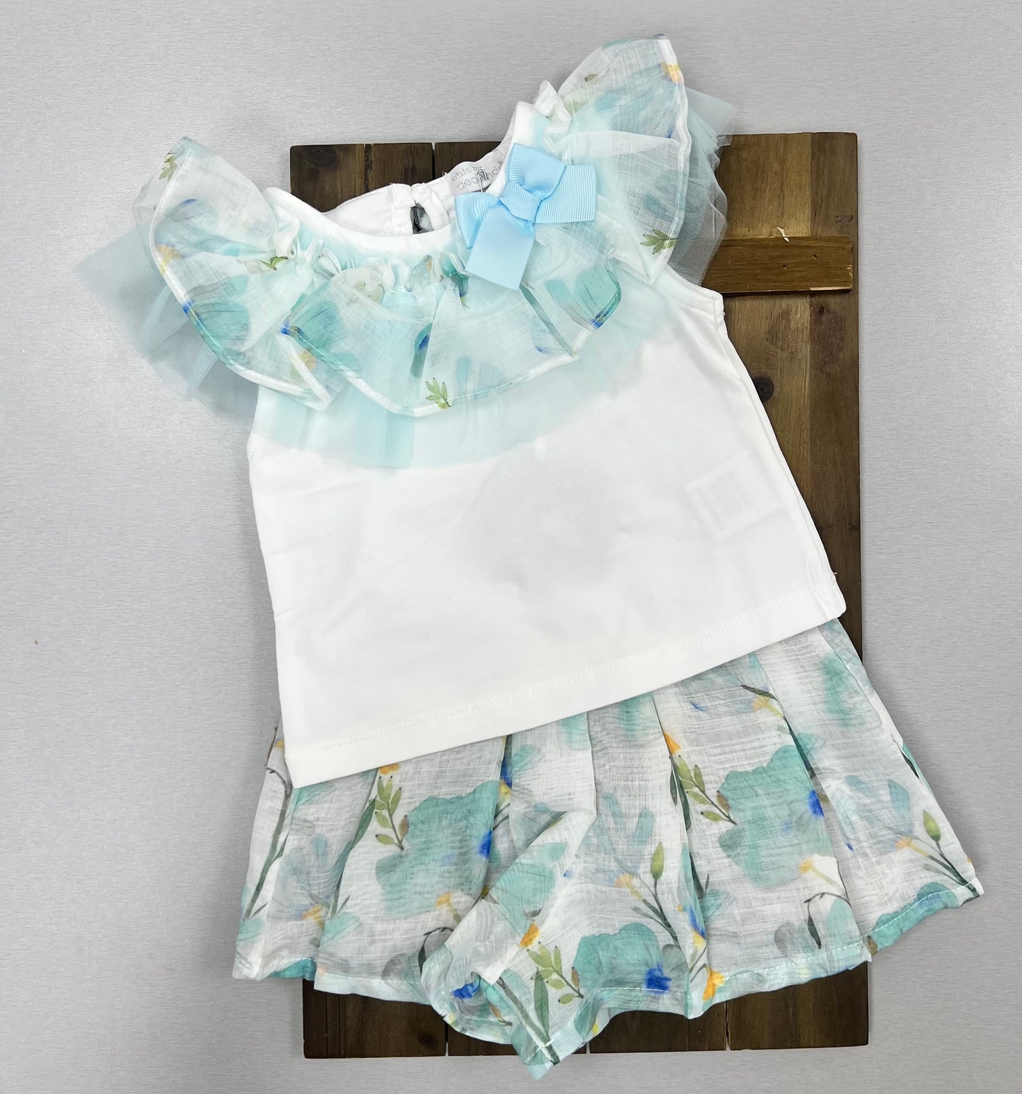 Girls cotton/linen 2pc organza flowered shorts set CDV25801