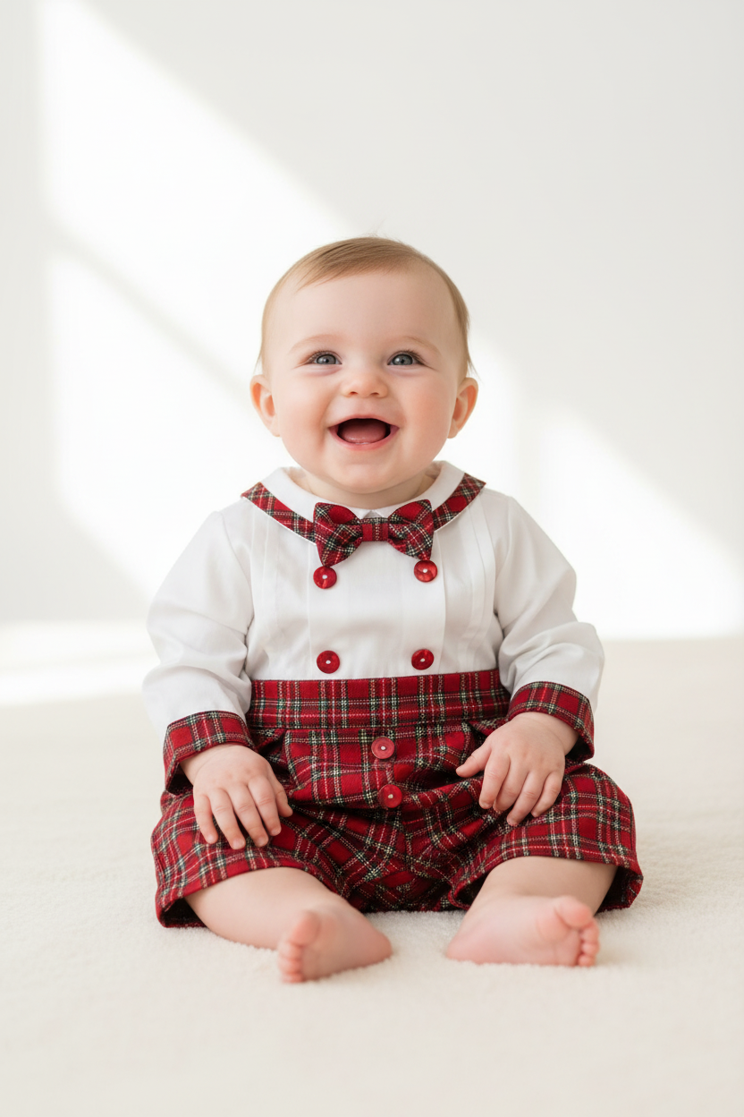 Boys Plaid and white Christmas Romper Made in Italy