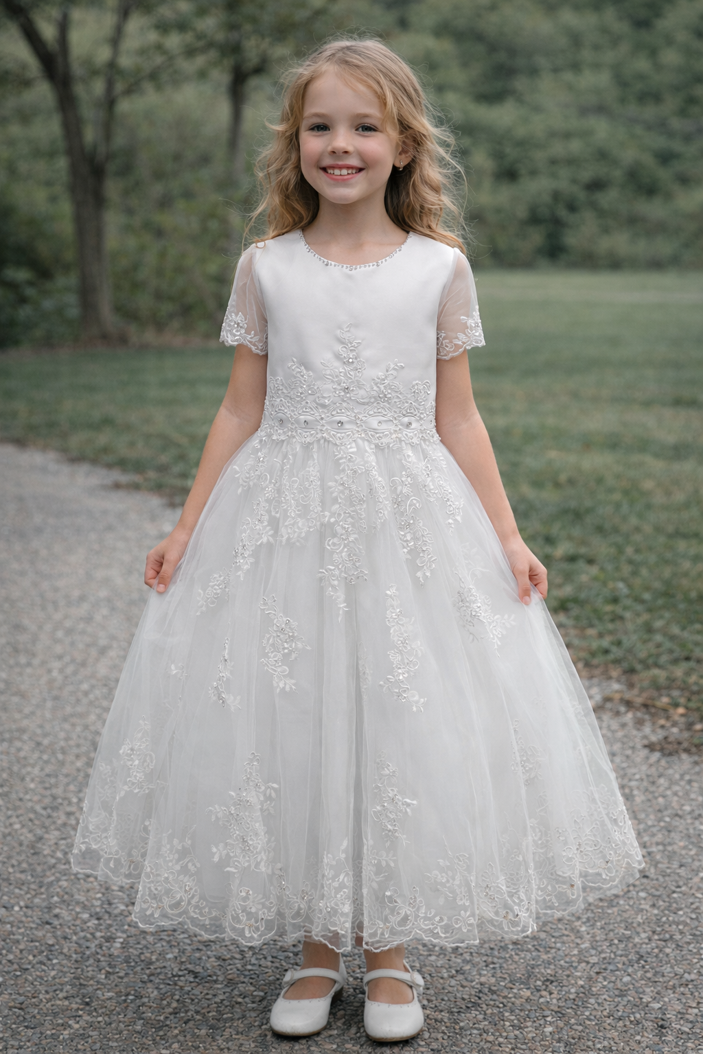 White Lace A-Line Communion Dress with Tulle Skirt 10.5