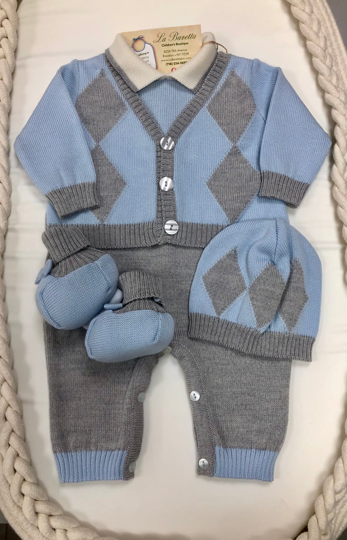 Take me home boy baby blue/ grey romper set Made in Italy