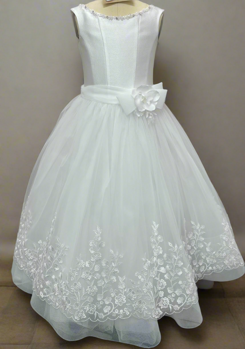 Michelina Bimbi communion dress with embroidered skirt and floral belt made in Italy J3804