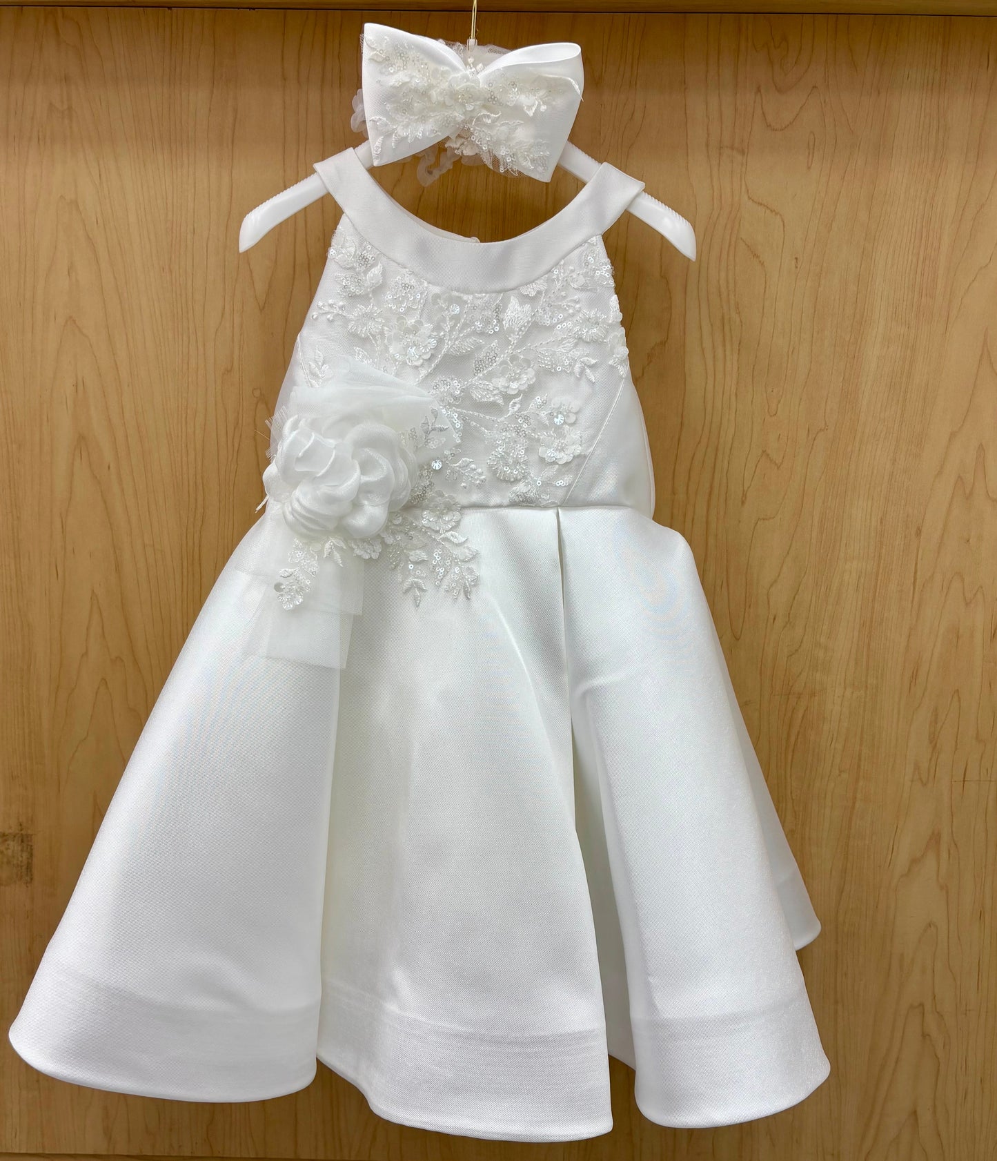 Girls White Lace & Mikado Dress with Oversized petal Bow