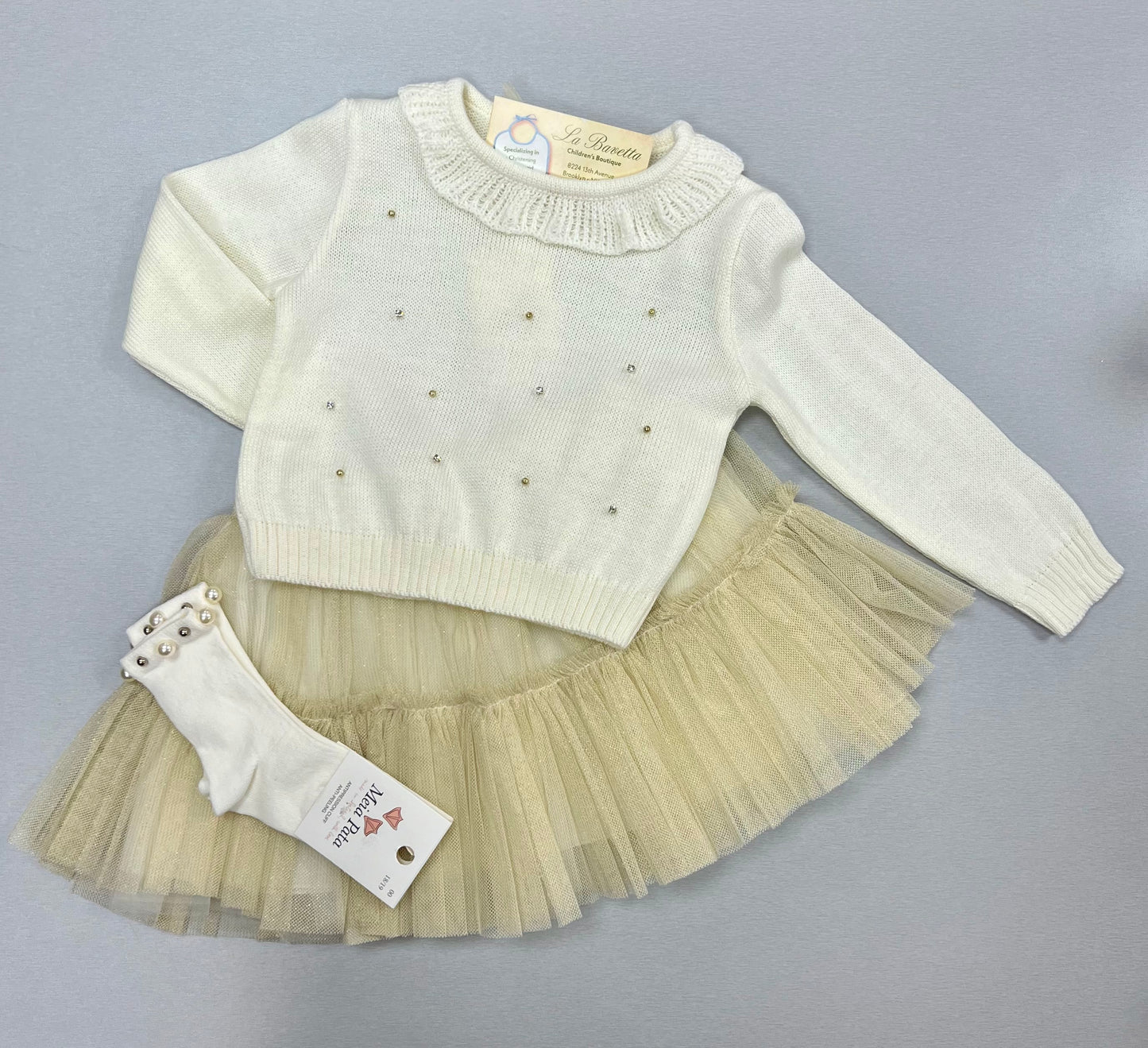 2pc Gold & Ivory knit & Tulle skirt set