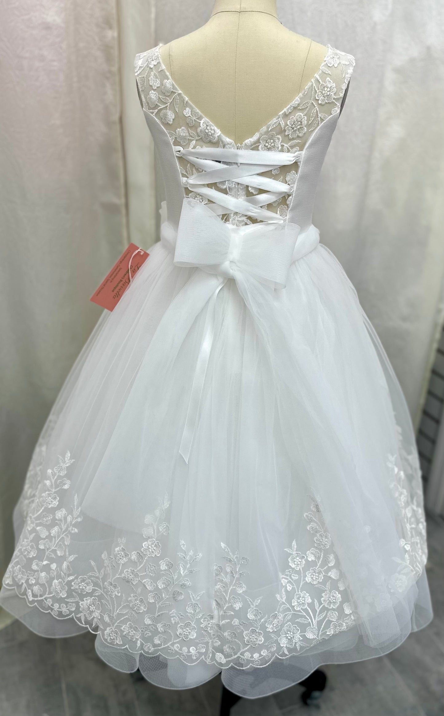 Back Michelina Bimbi communion dress with embroidered skirt and floral belt